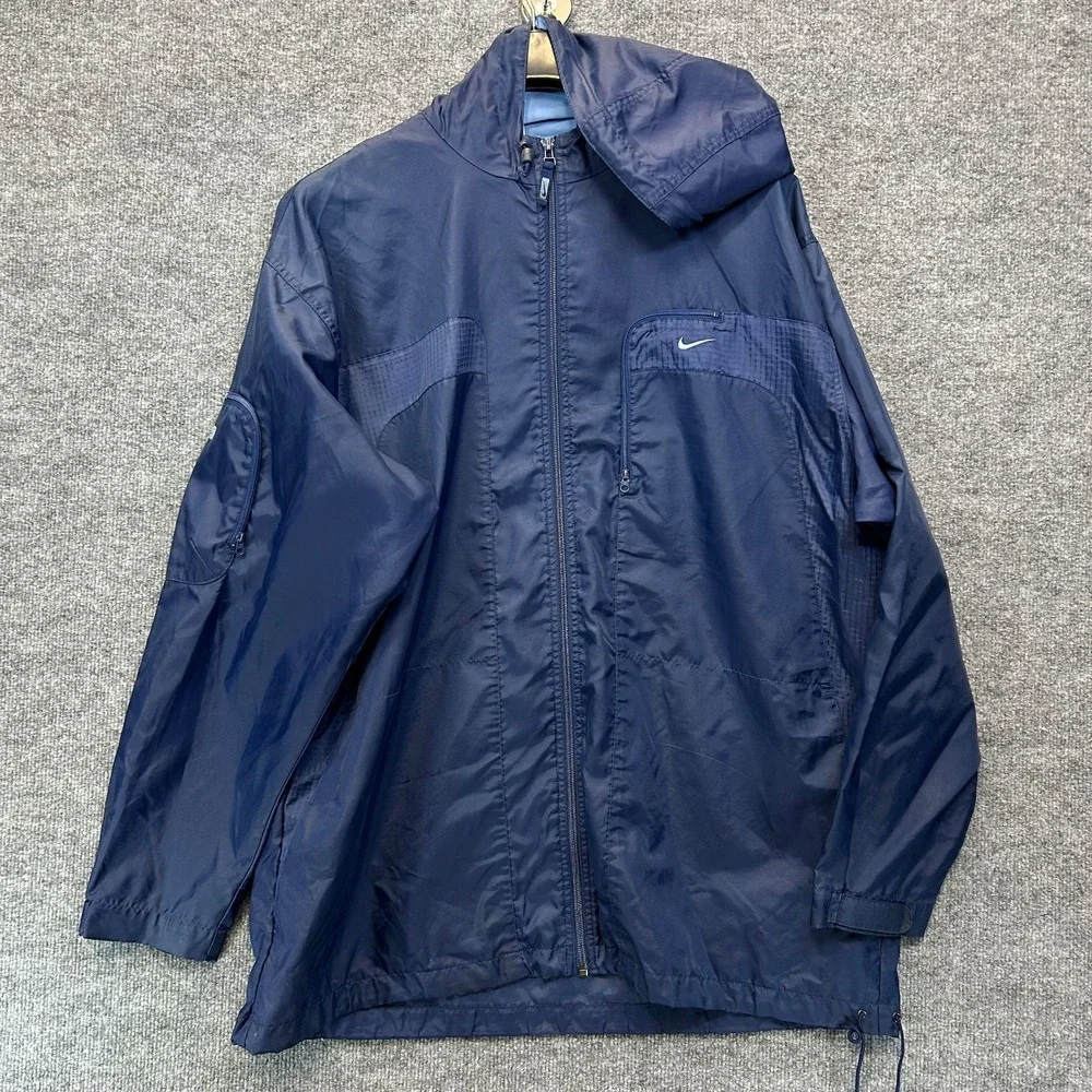 Vintage Nike Hooded Windbreaker Jacket Mens Blue Full Zip Pockets Utility - 2XL